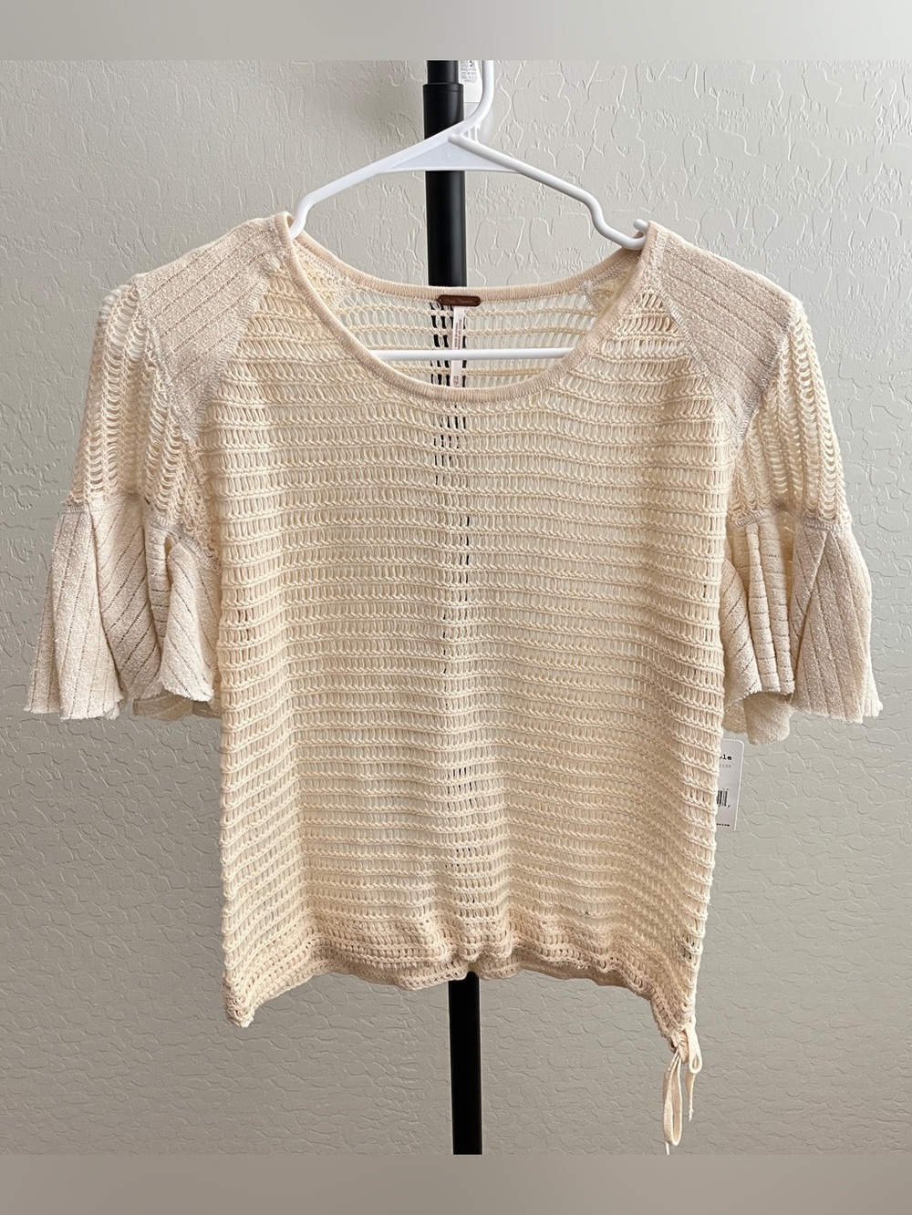 Free People Open-Weave Cream Knit Short Sleeve Top in Antique